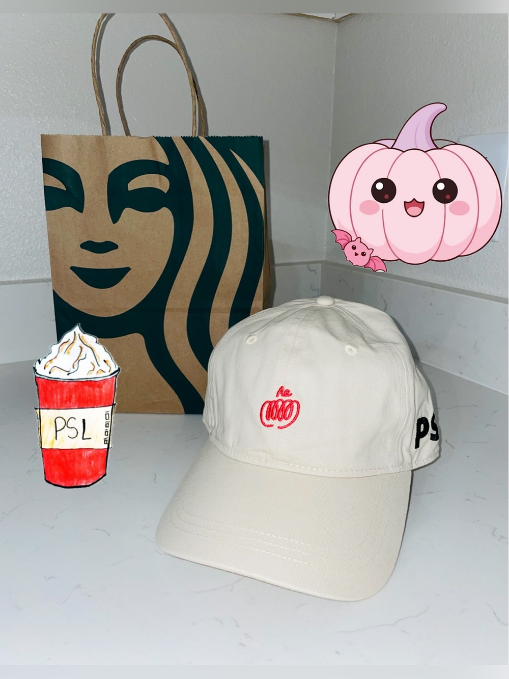 Starbucks Cream Baseball Cap with Red Pumpkin Embroidery